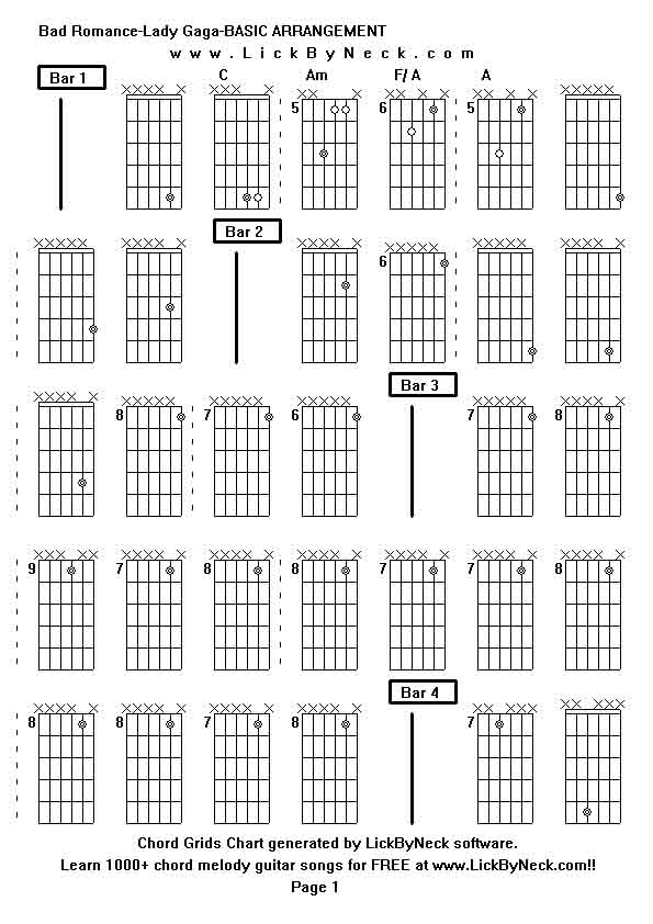 Chord Grids Chart of chord melody fingerstyle guitar song-Bad Romance-Lady Gaga-BASIC ARRANGEMENT,generated by LickByNeck software.